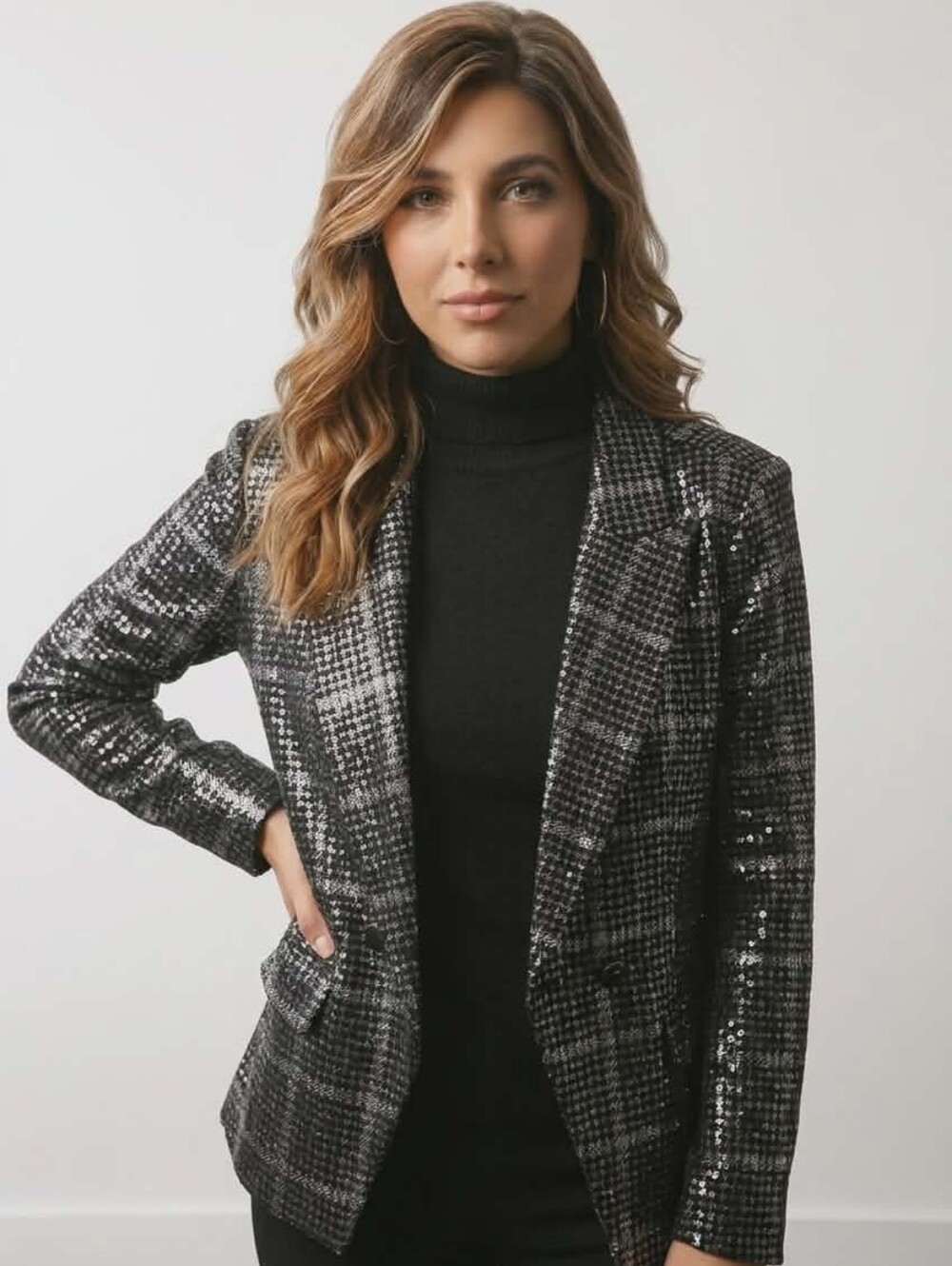 Sequin Plaid Blazer Jacket - Black - Picture 1 of 1